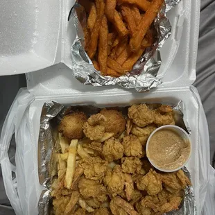 30 piece fried shrimp with fries and sweet potato fries.
