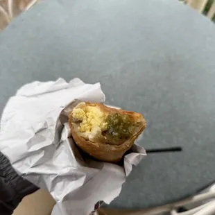 Breakfast chimichanga with green salsa