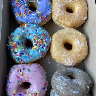 Blueberry, glazed, &amp; sprinkled donuts. (Pink is strawberry)