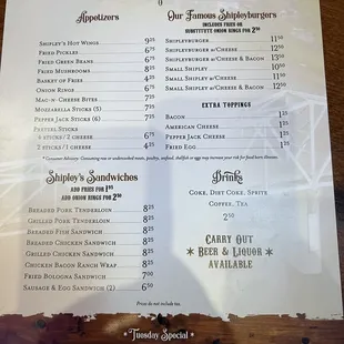 menu for shipley's