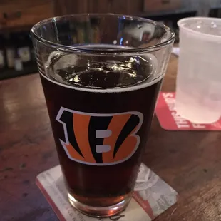 We had to drink from Bengals glasses, but at least the server was a Steelers fan.