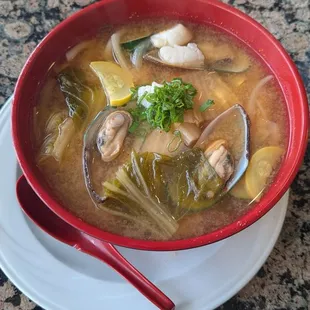 Spicy udon seafood soup