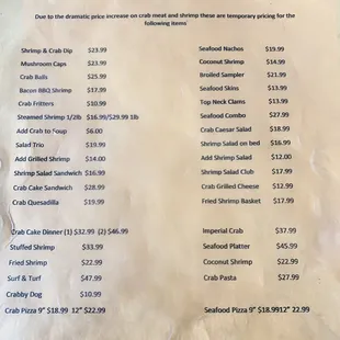 New seafood prices as of September 2022.