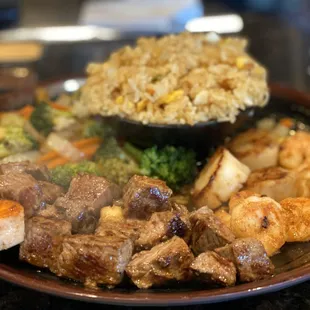 dinner is served  - NY Steak and Shrimp Combination + scallops