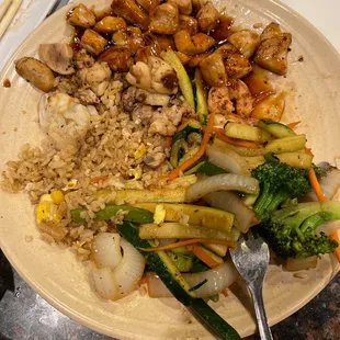 Shrimp chicken and lobster  with garlic rice and veggies