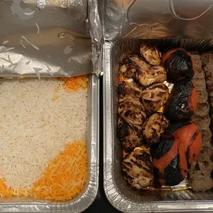 Ground Beef Kabob and Spicy Chicken to-go plates family style. SO MUCH RICE.