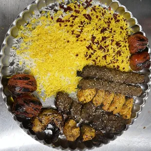Sini Kabab ( 4 kind kabab ) rice and tomato , 1 stew and 1 starter
