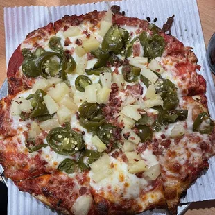 Bacon, jalapeño, pineapple pizza