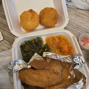 Corn bread, greens, sweet potatoes, and tilapia