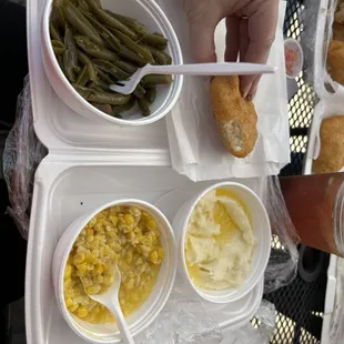 Green Beans, Fried corn , mashed potatoes and cornbread coin