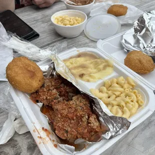 Meatloaf, mashed potatoes, macaroni and cheese as well as some of the best cornbread around!