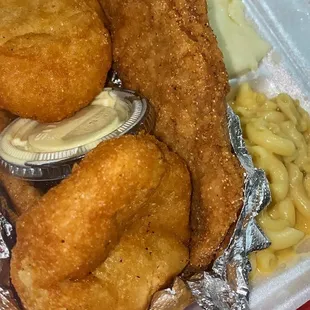 Fried Fish Lunch Special - tilapia, Real Macaroni &amp; Cheese and Real Mashed Potatoes and hush puppies 4/5 for $11