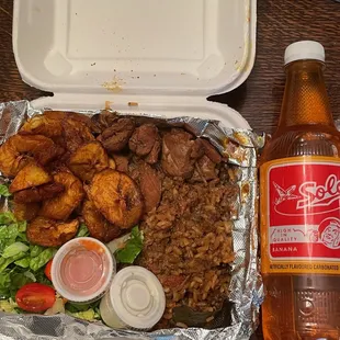 Chicken stew, pilaf, plantains, salad, banana soda.
