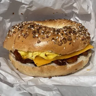 Bagel with egg, cheese &amp; meat...went double bacon.