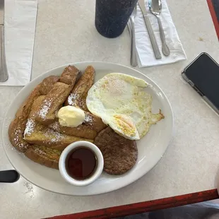 French toast combo with eggs and sausage patty