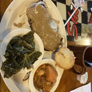 Liver and onions with yams, collards and homemade cornbread.