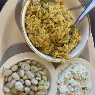 Chicken and rice, peas and slaw