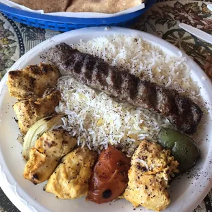 1 Ground beef kabob, and 1 chicken shish kabob