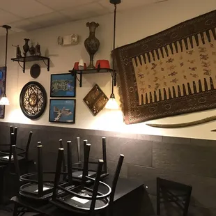 a row of chairs in a restaurant