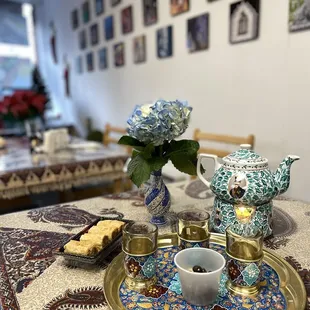 a table with a tea set