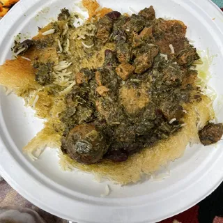 Ghormesabzi Stew(Persian Herb and Beef Stew) with white rice