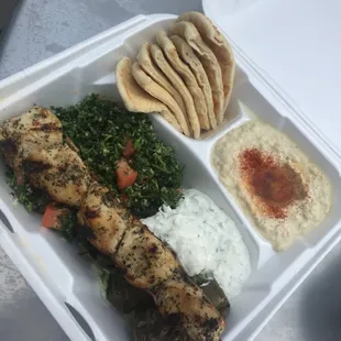 cedar platter - chicken | tabouli | baba ghannoug | grape leaves | pita