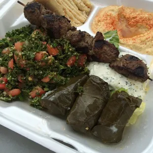 Lamb kabob, tabouli, hummus, grape leaves, pita. :)