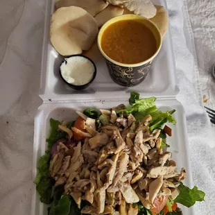 Crushed lentil soup, Fattoush salad with chicken swarma, side of pita bread and garlic toum! Very filling for the price (around $24.15).