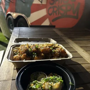 Bang Bang Chicken Dirty Rice and Garlic Chili Mandu