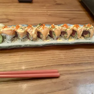 Downtown Roll (salmon of crunch  spicy tuna roll, smelt roe, shiso)