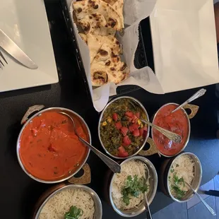 Butter chicken, butter naan, rice &amp; saag paneer