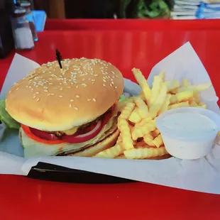 a hamburger and fries