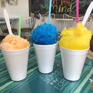 Left to right: Dreamsicle topped w/ sweet cream, Blue Hawaiian, Coconut &amp; Pineapple.