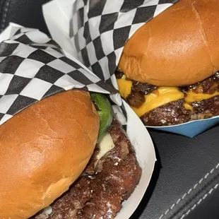 Hella Jalapeño (left) and The Usual (right) - both double with pickles and onions