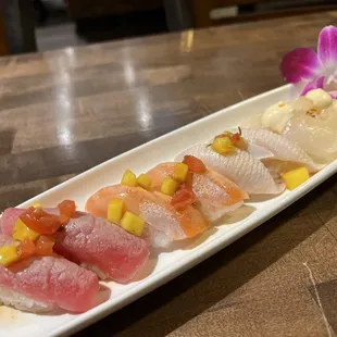Special nigiri sushi (Cajun tuna, Cajun salmon, Cajun hamachi, hotate Buri)