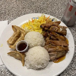 Chicken teriyaki gyoza and the yummiest yellow sauce