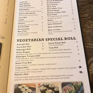 a menu for a roll or hand roll