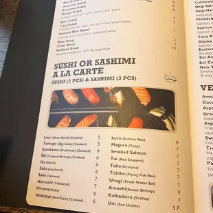 a menu for sushi or sashimi