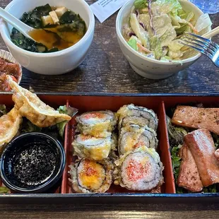 Dinner Bento Box with Crazy Boy sushi and tuna steak.