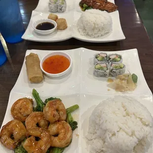 Shrimp with an egg roll and salmon with the dumplings