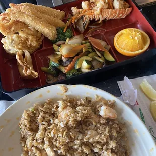 Lobster bento box. Shrimp friend rice (shrimp was on side and I mixed it in and the temperature was not hot or warm).