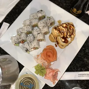 Spicy Salmon Roll, Philadelphia Roll, Salmon Fresh Sashimi, Volcano Roll