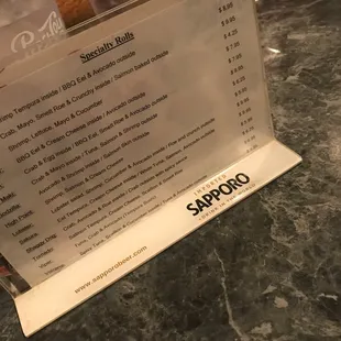 Specialty sushi menu