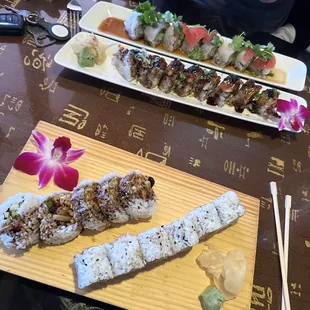 Bottom--Lunch special- 2 Rolls Lunch Godzilla Roll and Alaskan Roll Top--scallop and Palm Harbor roll