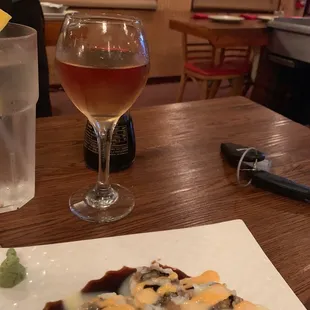 Plum wine and Shrimp Tempura sushi