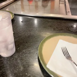 a plate of food and a glass of water