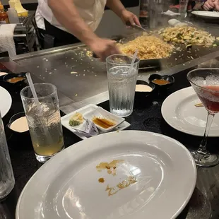 Appetizer plates were not cleared from our table till after the full portion of hibachi-cooked food was served.