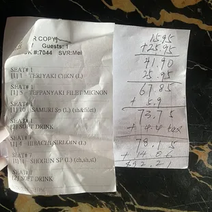 Handwritten bill for 5 people... there was only 3 people in our party