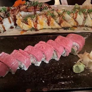 Dragon roll on left. And Sunny CA Roll (deep fried ca roll) on right