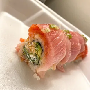 a close up of a sushi roll